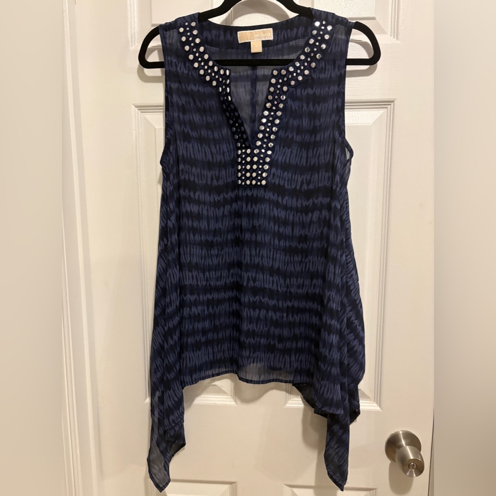 Michael Kors sheer embellishments navy top size m